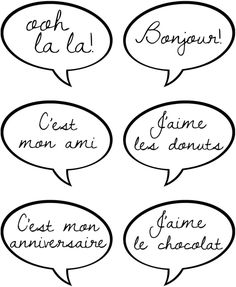 four speech bubbles with french words in them