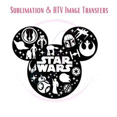 the star wars logo is shown in black and white, with an image of mickey mouse