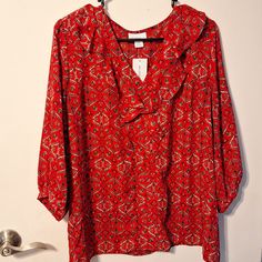 Women's Liz Claiborne 3/4 Sleeve Top, Xl, Red With Designs Casual Red Blouse With 3/4 Sleeves, Liz Claiborne, Black Red, Sleeve Top, Black And Red, Womens Tops, Red, Women Shopping, Clothes