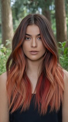 Wavy Copper Layered Curly hair Auburn Hair Colour Desire Fall Orange Hair Color, Brown With Orange Highlights, Dark Hair With Copper Underneath, Copper Brown Hair Color, Hair Color Guide, Hair Dye Tips, Orange Highlights, Layered Curly Hair, Fall Hair Trends