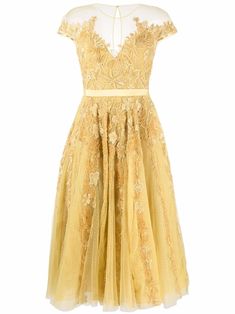 golden yellow silk blend embroidered design sheer panelling fitted waistline high-waisted round neck short sleeves keyhole detail to the rear pleated skirt straight hem mid-calf length