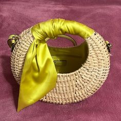 Never Used And Looks Perfect For Summer Trendy Bags With Bamboo Handle For Spring, Chic Spring Shoulder Bag With Round Handle, Spring Crossbody Bag With Bamboo Handle, Trendy Bags With Bamboo Handle For Day Out, Chic Bag With Round Handle For Day Out, Chic Yellow Bucket Bag For Spring, Chic Basket-shaped Bag For Shopping, Chic Basket-shaped Shopping Bag, Yellow Tote Bags For Day Out