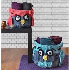 three pictures of an owl crocheted bag