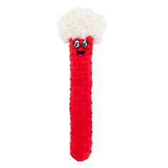 a red and white object with a sheep on it's head in the shape of a tube