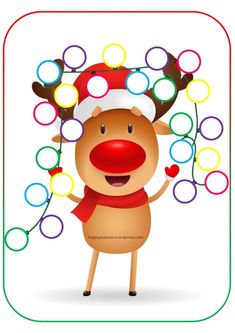 a reindeer wearing a santa claus hat and scarf with bubbles in the shape of circles