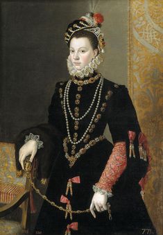 a painting of a woman in black dress and pearls on her head, holding a cane