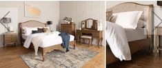 two pictures of a bedroom with white walls and wood flooring, one has an antique style bed