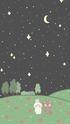 two cartoon animals are sitting on a hill under the night sky with stars and moon