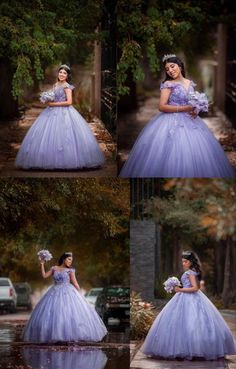 a woman in a purple dress is standing on the street and posing for pictures with her bouquet