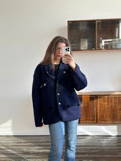 Vintage wool cardigan in blue, oversized, button-down closure, padded, two side pockets, fits XS-L, good vintage condition Measurements: Shoulders: 25.6 inches / 65 cm Sleeve length: 22 inches / 56 cm Length: 28.7 inches / 73 cm Bust from armpit to armpit: 23.2 inches / 59 cm Blue Wool Pea Coat With Button Closure, Blue Wool Peacoat With Pockets, Blue Wool Cardigan With Buttons, Oversized Blue Outerwear With Buttoned Pockets, Navy Blazer With Buttons For Winter, Blue Wool Coat With Buttons, Navy Button-up Blazer For Fall, Fall Navy Button-up Blazer, Wool Single-breasted Button-up Cardigan