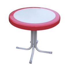 a red and white round table with metal legs on an isolated pedestal, against a white background