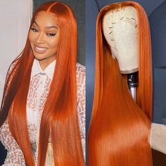 Collage of three images with models wearing long, straight ginger orange lace front wigs; one showing detailed hairline, another displaying full length and color of the wig. Lace Front Wigs Straight, Straight Human Hair Wigs, Wigs Straight, How To Wear A Wig, High Hair, Straight Hair Bundles, Hair Tape, Hair Ponytail, Ombre Wigs