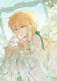 an anime character with blonde hair holding a bird in his hand and looking at the camera