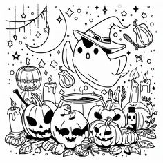 halloween coloring pages with pumpkins and jack - o'- lanterns in the background