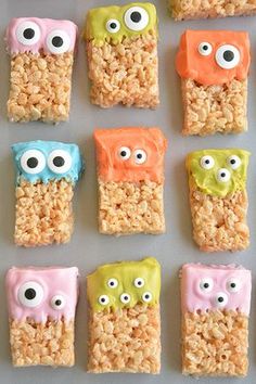 rice krispy treats with eyes and googly eyes on them