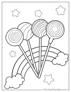 candy lollipops coloring page with stars and clouds in the sky above them