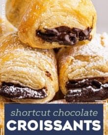 chocolate croissants stacked on top of each other with the title shortcut chocolate croissants