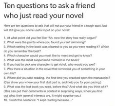 an open book with the words, ten questions to ask a friend who just read your novel