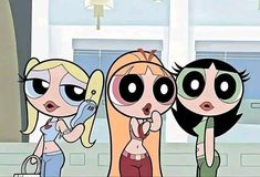 three cartoon girls standing next to each other in front of a kitchen sink and window