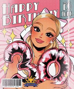 a cartoon character holding two pink donuts in front of a happy birthday sign with stars on it