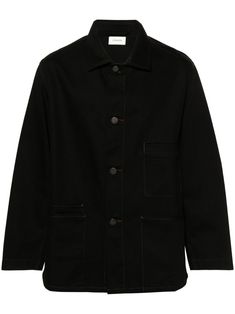 black cotton canvas straight-point collar front button fastening long sleeves buttoned cuffs four front patch pockets rear buttoned flap pocket straight hem unlined