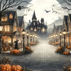 an image of a halloween scene with pumpkins on the ground and houses in the background