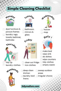 the simple cleaning checklist is shown in this graphic diagram, which shows how to do it