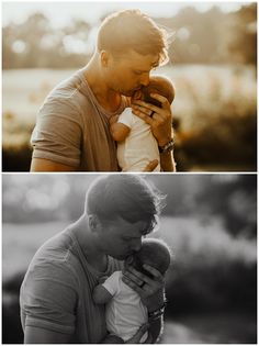 two different shots of a man holding a baby in his arms, and the first photo is