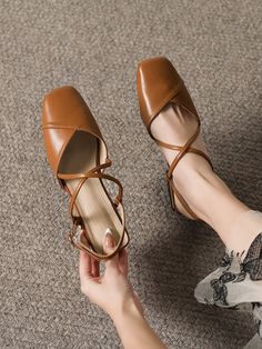 Women Crisscross Strap Flats, Square Toe Slingback Flats Brown Elegant    Plain Slingbacks   Women Shoes, size features are:Bust: ,Length: ,Sleeve Length: Modest Outfit, Square Toe Sandals, Ankle Strap Flats, Women Flats, Slingback Flats, Brown Flats, Strap Shoes, Slingback Heel, Toe Sandals