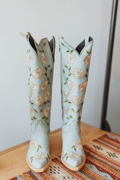 Diana Boot - Cody and Sioux Something Blue Cowboy Boots, Floral Cowgirl Boots, Floral Cowboy Boots, Blue Cowgirl Boots, Wedding Cowboy Boots, Cute Cowgirl Boots, Custom Cowboy Boots, Boot Silhouette, Bridal Boots