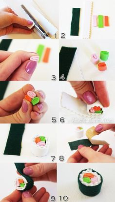 how to make sushi nail art with paper rolls and glue on the tips, step - by - step instructions