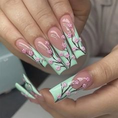 24 Piece New In Box Color Tone: Green,Pink Nail Shape: Square Shape Nail Length: Long Nail Pattern: Blossom Cherry Floral 3d Effect Nail Finishes: Glossy Squoval Acrylic Nails, Nails Styles, Green Acrylic Nails, Halloween Acrylic, Lash Room, Light Nails, Nagel Tips, Fake Nails With Glue, Nail Sets