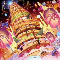 an illustration of a tower made out of doughnuts and other items in the air