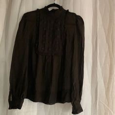 In Very Good Condition. New Never Worn. Brown 100% Silk Long Sleeve Ruffle Trimmed With Covered Square Rhinestones Bust And Back Detail Brown Georgette Blouse. Measures 21” Wide Armpit To Armpit 19” Wide Waist 26” Long Length And 27” Long Sleeve Length Georgette Blouse, Wide Waist, Brown Silk, Ruffle Trim, Long Length, Top Blouse, Size 4, Womens Tops, Sleeve Length