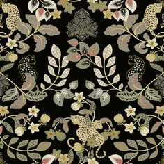 a black and gold floral design with leaves, flowers and animals on it's sides