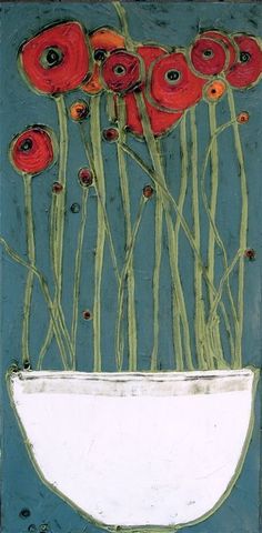 a painting of red flowers in a white bowl on a blue background with green stems