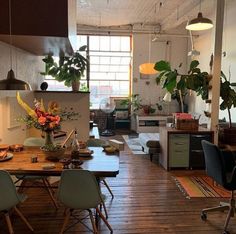 an open kitchen and dining room with wooden flooring, potted plants on the wall