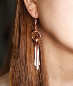 Hammered Copper Dangle Earrings Handmade Copper Dangle Boho | Etsy Unique Long Drop Chandelier Earrings, Artisan Adjustable Dangle Chandelier Earrings, Artisan Adjustable Chandelier Dangle Earrings, Handmade Copper Beaded Earrings, Long Drop Earrings With Ear Wire For Festival, Bohemian Copper Earrings For Party, Unique Dangle Linear Earrings, Copper Earrings With Dangling Beads For Festival, Copper Dangling Beads Earrings For Festival