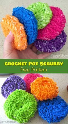 crochet pot scrubby is shown in different colors