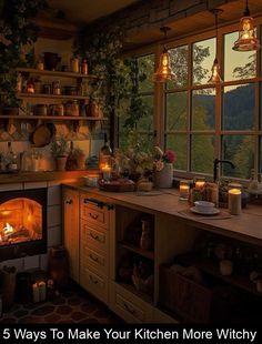 a kitchen with a fire in the fireplace and lots of pots on the counter top