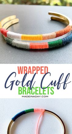 this is an easy diy bracelet made with yarn and gold - plated metal