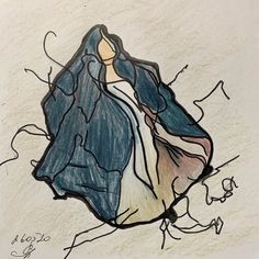 a drawing of a woman's dress on a white paper with blue and pink accents