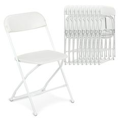 two white folding chairs next to each other on a white background with the same chair in front of them