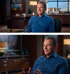 two pictures of a man sitting at a desk