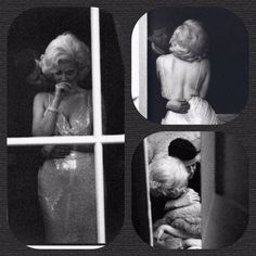 three pictures of marilyn monroe and her dog in front of a window with the words marilyn monroe on it