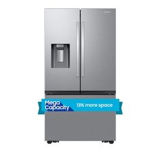 a silver refrigerator freezer sitting next to a blue ribbon