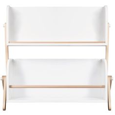 two white bookshelves with wooden shelves on each side