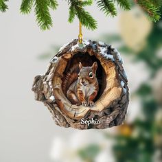 a squirrel ornament hanging from a christmas tree