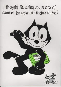 a birthday card with an image of a cat holding a cake in its paws and saying, i thought it bring you a box of candles for your birthday cake