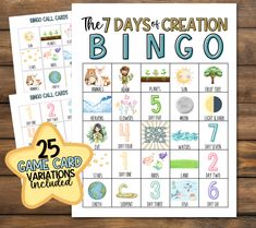 the 7 days of creation bingo game with numbers and animals